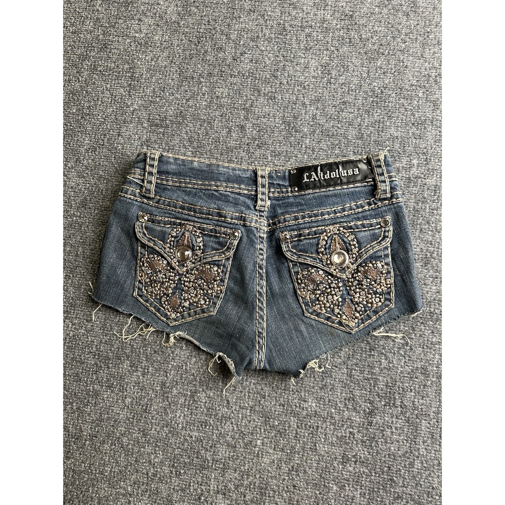 Womens LA Idol Blue Rhinestone Studded Cutoff Denim Shorts, Size 28